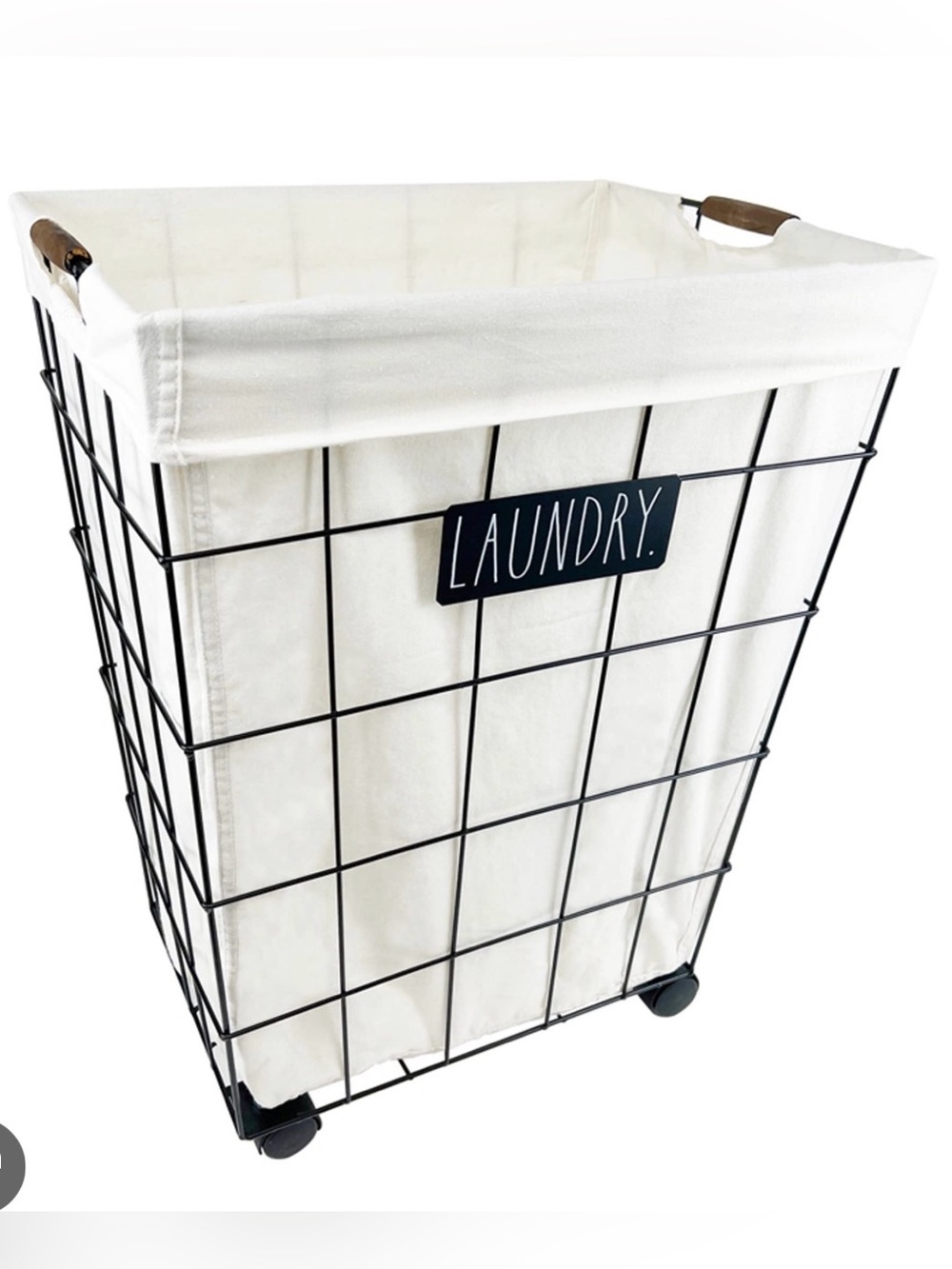 NWT Rae Dunn Wire Heavy Duty ‘Laundry’ Basket on Wheels Cloth Liner Wood Handles